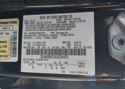 2020 Ford Fusion S z USA, uszkodzony, nr VIN 3FA6P0G74LR234421